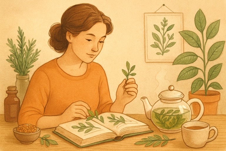 Kobieta przygotowuje napar z ziół otoczona roślinami