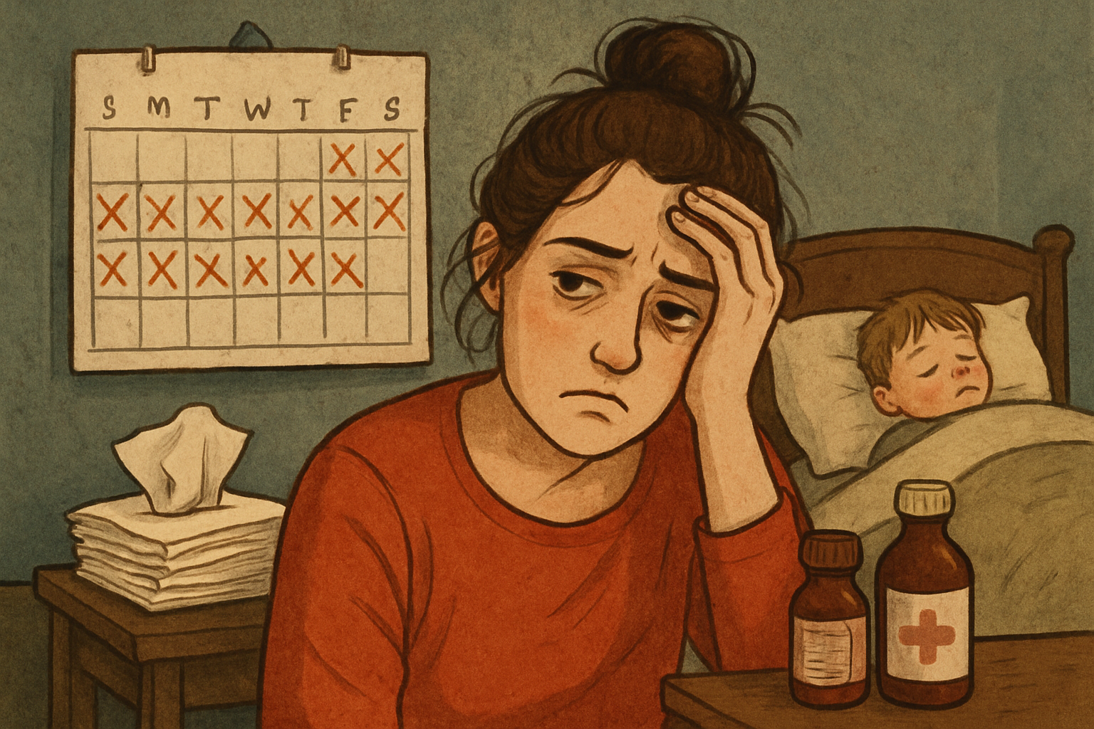 Zmęczona mama przy łóżku chorego dziecka