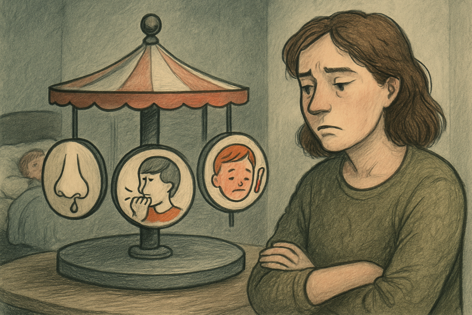 Zmartwiona mama patrząca na karuzelę objawów chorób