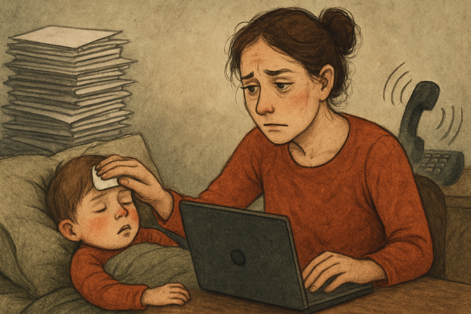 Mama próbuje pracować przy łóżku chorego dziecka