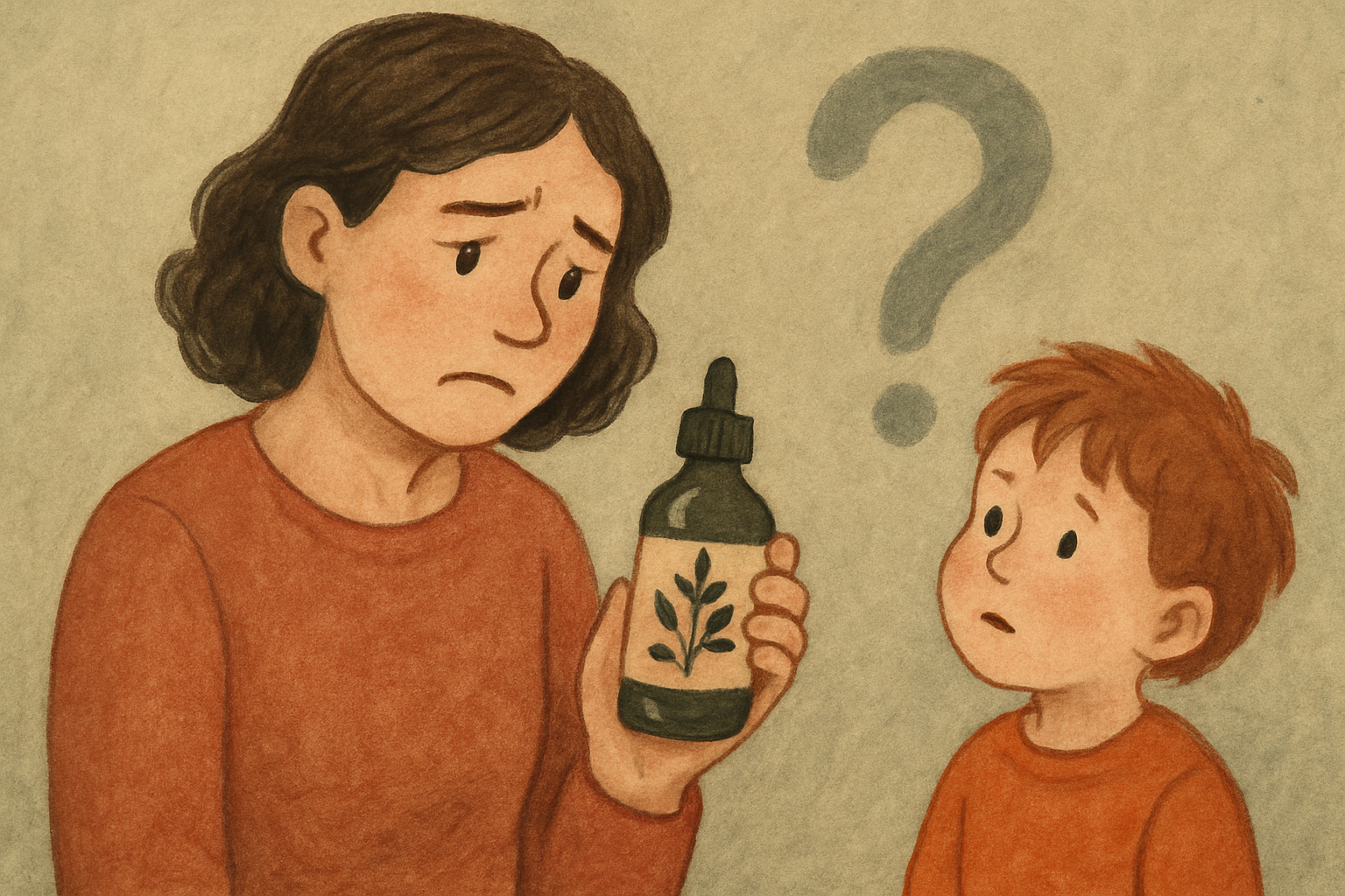 Mama trzyma buteleczkę ziołowego preparatu i waha się, czy go podać